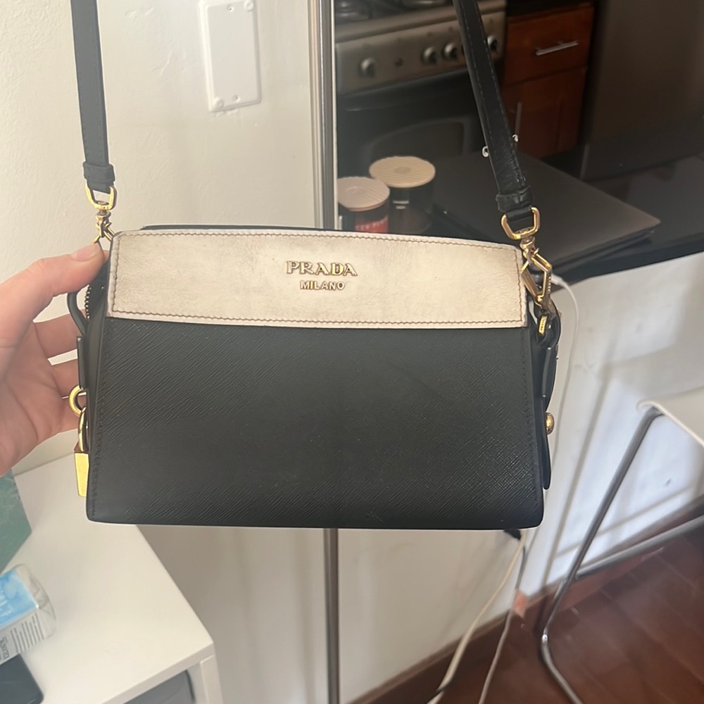 Prada Crossbody bag, black and white, adjustable straps, gold detail